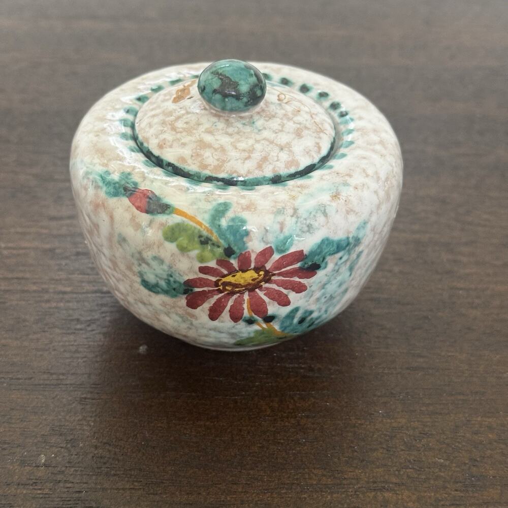 Italian Ceramic Sugar Bowl & Lid Hand Painted Signed Italy Floral Trinket Box 3"